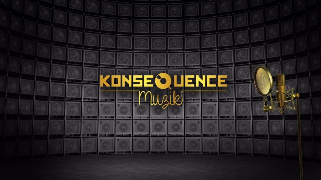 Konsequence Muzik gold logo in a studio setting with a microphone and speaker wall